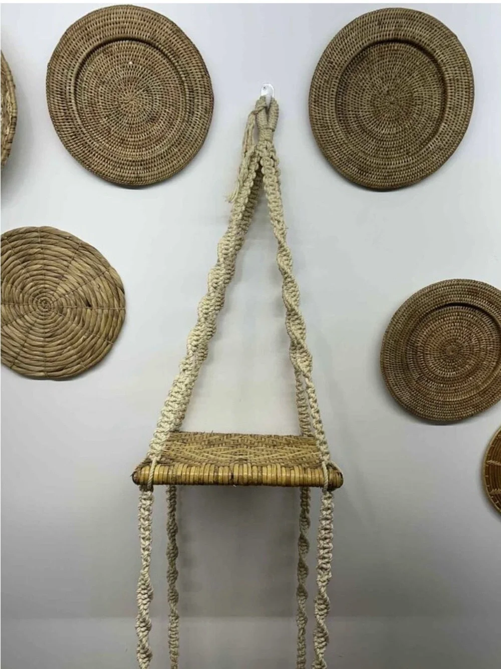 Vintage Cream Rope and Natural Wicker Hanging Shelf